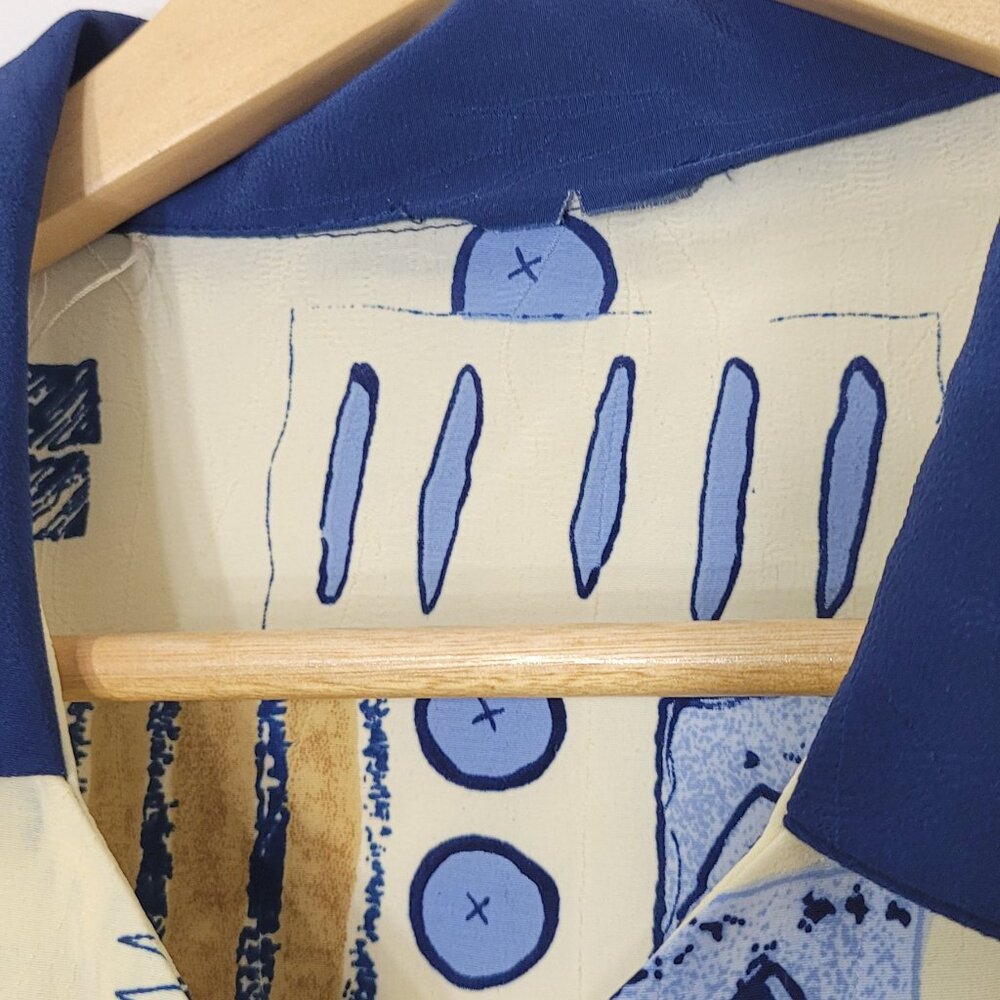 Vintage Unisex Abstract Yellow Blue Print Short Sleeve Button-Up Shirt Retro - Picture 6 of 11